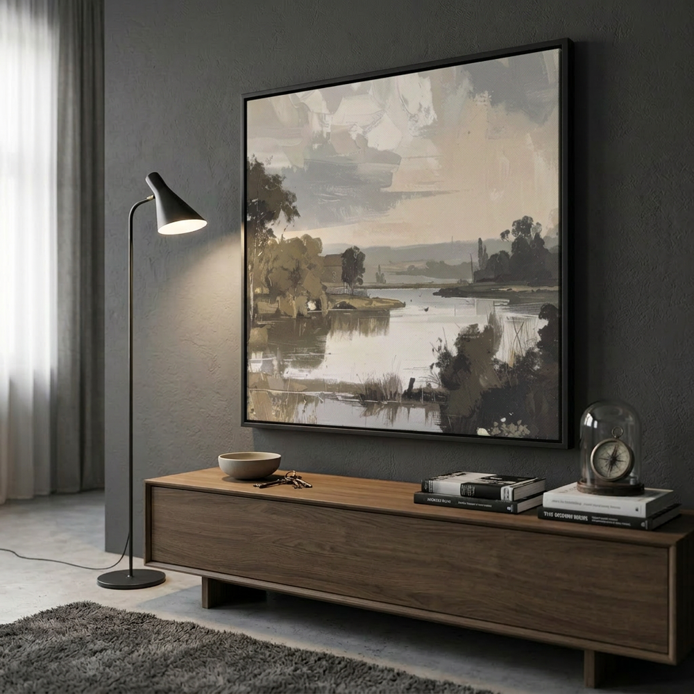 A large framed landscape art print hangs on a dark gray wall above a wooden console table in a modern living room setting. The artwork depicts a serene lake or river scene with trees, hills, and a cloudy sky in muted beige, gray, and brown tones.