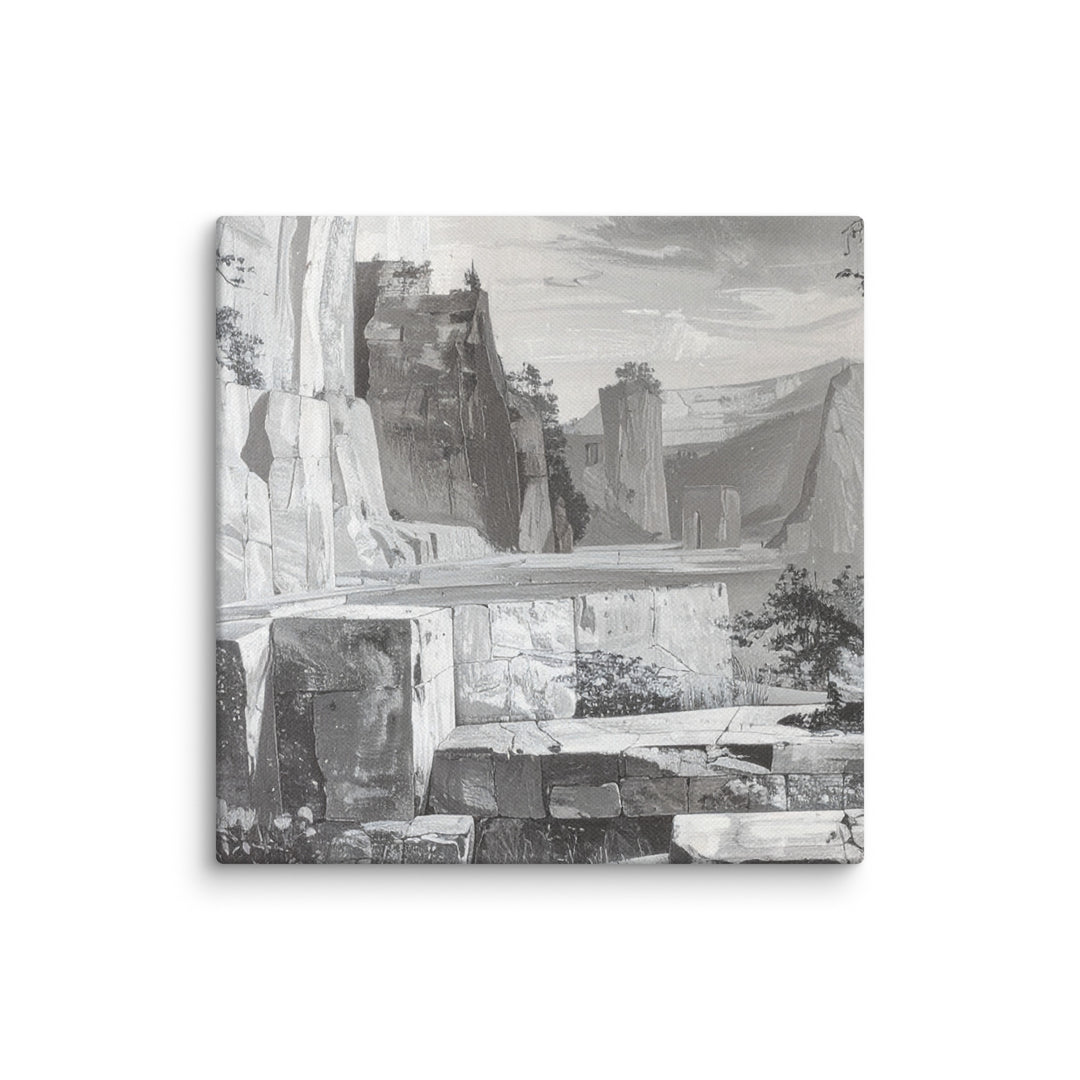 Black and White Rustic Village Canvas Print featuring a vintage countryside landscape with rustic architecture and monochrome farmhouse wall art design.