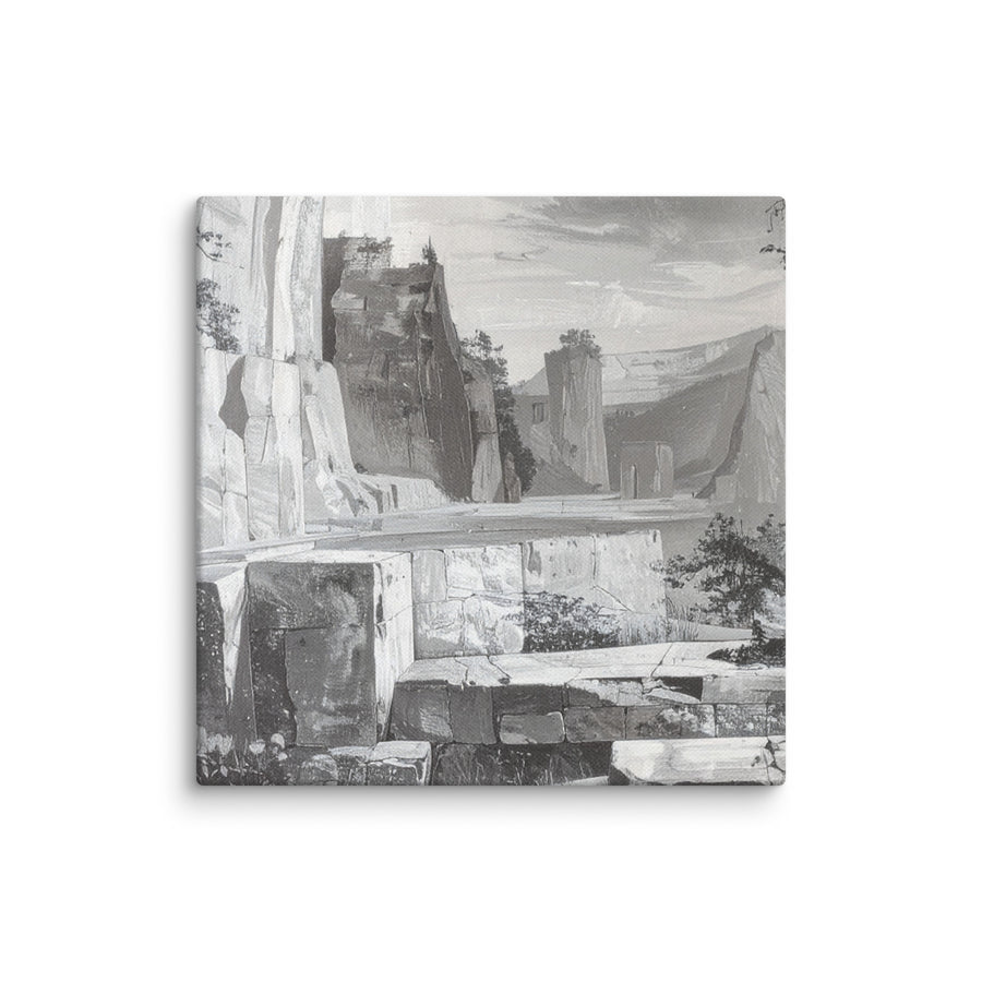 Black and White Rustic Village Canvas Print featuring a vintage countryside landscape with rustic architecture and monochrome farmhouse wall art design.