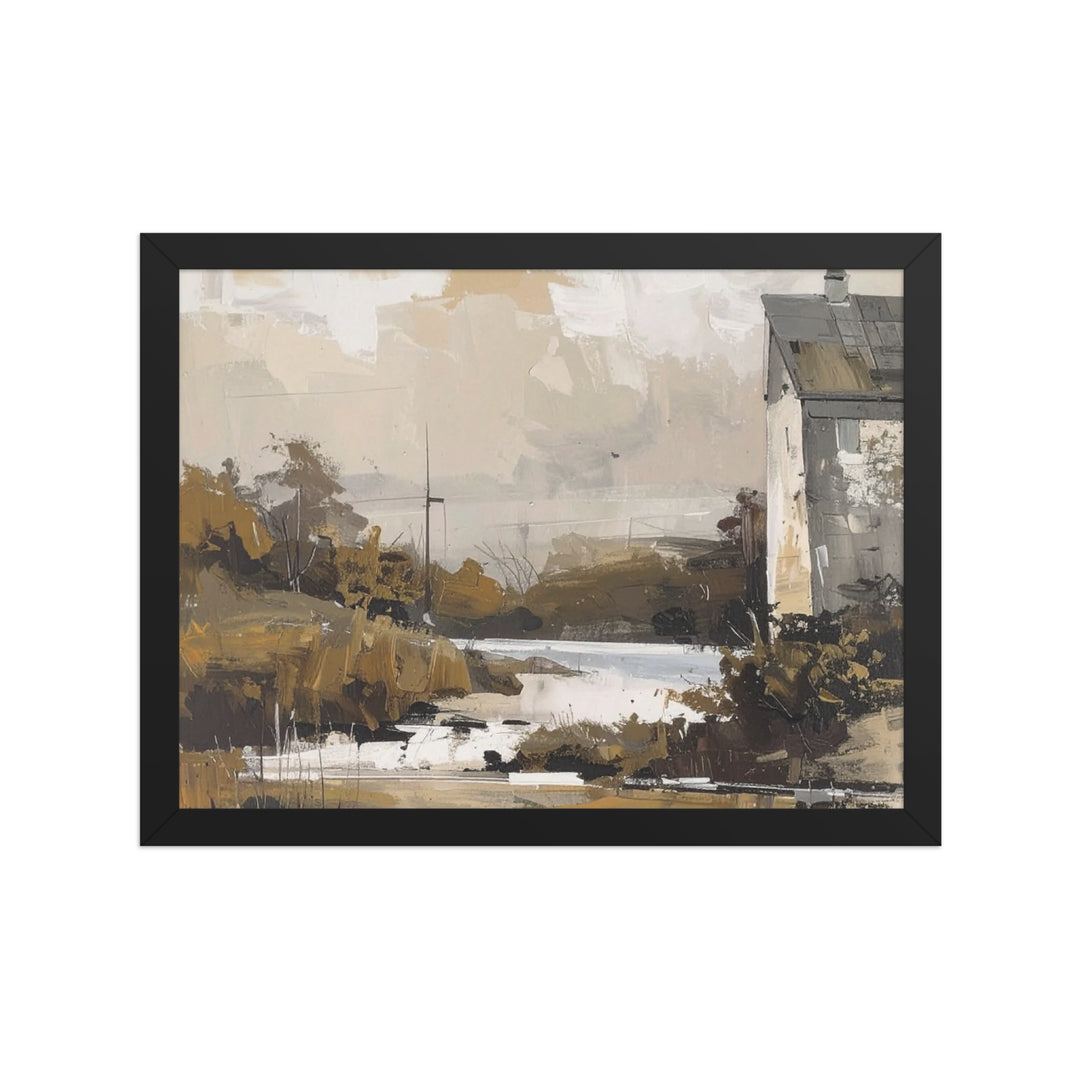 rustic countryside wall art print with cottage and river scenery