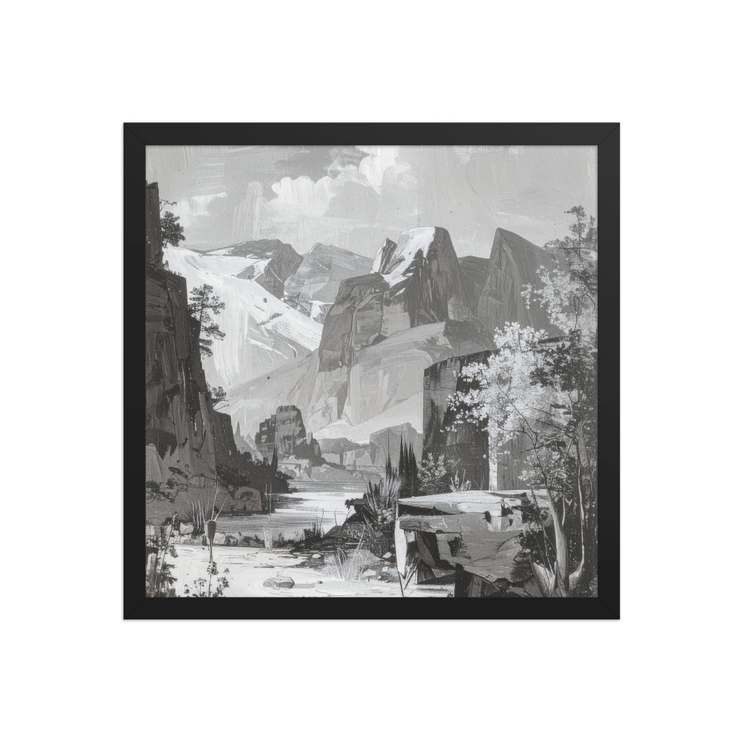 modern black and white mountain poster framed