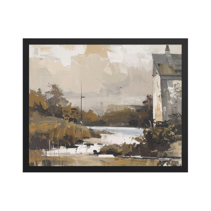 countryside wall art with rustic house and nature inspired landscape